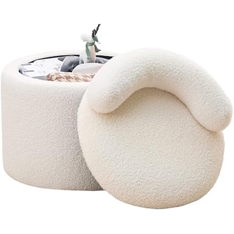 Mxfurhawa Modern Storage Ottoman,Soft Teddy Velvet Upholstered Stool with Seat,Round Low Back Footrest,Suitable for Bedroom,Living Room,Lounge Footstool (White) Cover