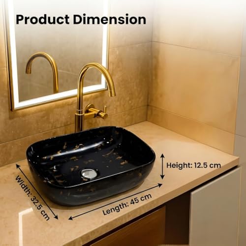Image of Ceramic Tabletop Wash Basin - Glossy Rectangular Countertop Vessel Sink with Marble Finish for Bathroom & Vanity | Compact 18 x 13 x 5 Inch | Elegant Washbasin