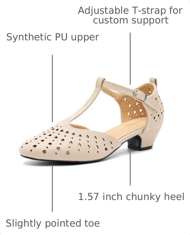 Image of MAIERNISI JESSI Women's T-Strap Mary Jane Pumps, Low Block Heel, Closed Toe, Buckle Ankle Strap