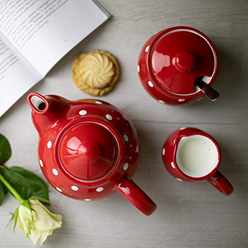 City To Cottage® Red And White Polka Dot Handmade Ceramic Teapot, Milk Jug, Sugar Bowl Set #TOP1