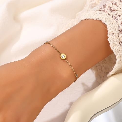 Gold Bracelets for Women,14K Gold Stainless Steel Roman Numeral Bracelet, Cubic Zirconia Simulated Diamond Bracelet, Adjustable Minimalist Chain Jewelry Gift for Women2