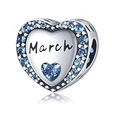 925 Solid Sterling Silver Engraved Heart Aquamarine CZ Birthstones Heart Bead Charm For Pandora Bracelets Charms Necklaces | March | Gift Boxed