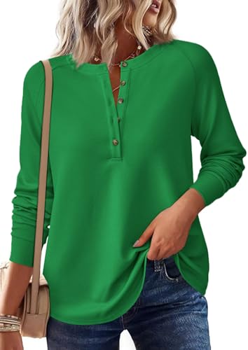 Image of PRETTYGARDEN Women's Long Sleeve Waffle Knit Henley Shirts Loose Tunic Tops