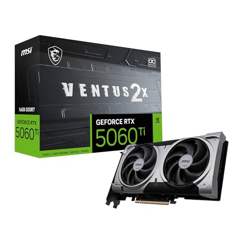 MSI GeForce RTX 5060 Ti 16G Ventus 2X OC Plus Graphic Card - NVIDIA GeForce RTX 5060 Ti GPU, 16GB GDDR7 128-bit Memory, 28 Gbps, PCI Express Gen 5 x16 Interface, Upto 2602 MHz, STORMFORCE Fan