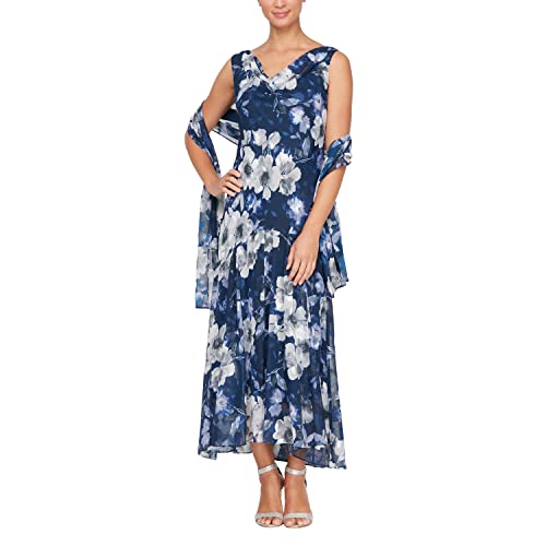Alex Evenings Women's Formal Sleeveless Cowl Neck Floral Print Gown with Shawl, Wedding Guest, Mother of The Bride Dress