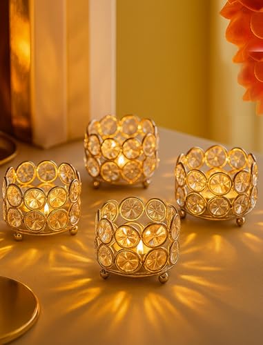 Image of Homesake Crystal Tea Light Candle Holders, Votives Bowl Candle Holders for Home Decoration, Diya Diwali Lights Centerpieces for Wedding Home Party Table Decoration, (Gold Set of 4)