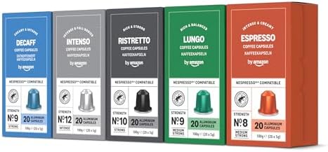 by Amazon Sortimentspackung, Aluminium-Kaffeekapseln, kompatibel mit Nespresso, mittelgeröstet, 100 Stück (5 Packungen mit je 20 Stück) – Rainforest Alliance zertifiziert