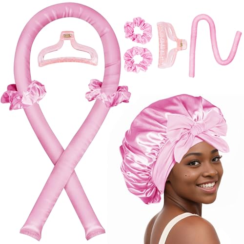 Heatless Hair Curler,Blowout Heatless Curls Overnight,No Heat Curling Rod Set with Satin Bonnet for Sleep in,Pink
