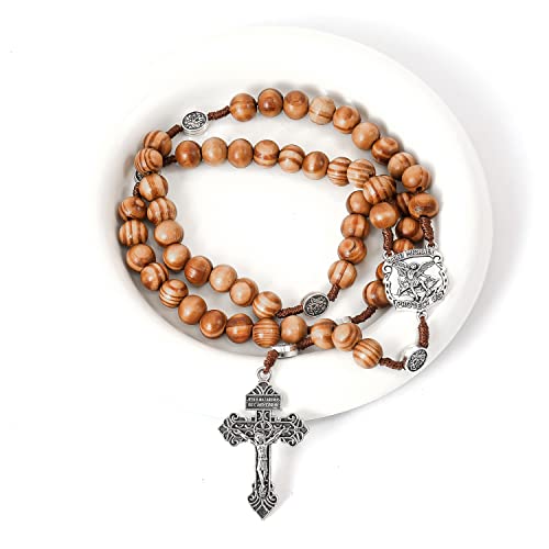Nazareth Store Sacred St Michael Wood Beads Rosary Solid Wooden Prayer Chaplet with Cross Saint Medal & Silver Pardon Crucifix4
