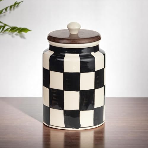 Image of Airtight Ceramic Jars with Wooden Lid (Pack of 2) - 1000ml Each - Kitchen Storage Containers for Sugar, Tea, Salt, Pickles, Pulses & More