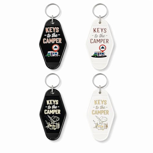 4 Pcs Retro Keychain for Camper RV Keys to The Camper Key Tag Set (Black & White) Vintage Style Key Fob Ring (Black White)