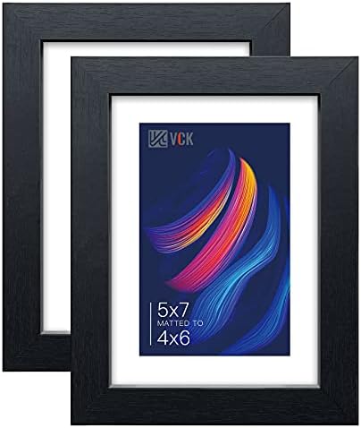 VCK 5x7 Picture Frame Set of 2 - Black, Textured Exclusive Wooden Photo Frames with HD Glass | Matted to 4x6 or 5x7 without Mat | Table Display or Wall Hanging