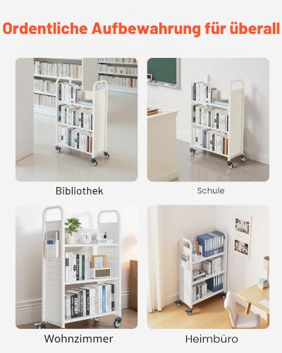 VEVOR Bücherwagen, 150 kg Tragkraft, Bibliothekswagen, 77 x 38 x 122 cm, einseitiges L-förmiges Bücherregal mit Doppelbremsrollen, Bücherregalwagen für Wohnzimmer, Büro, Schule, Weiß