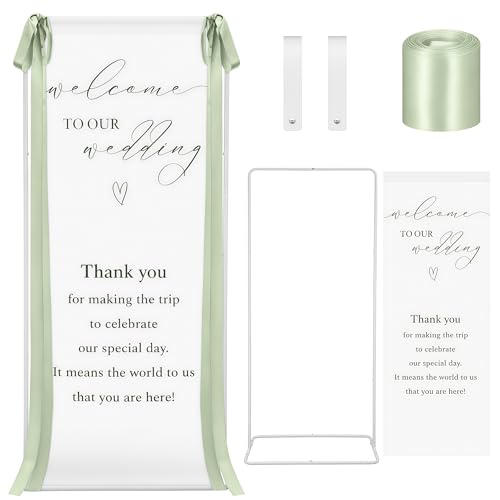 Lumina Garden Wedding Welcome Linen Sign Stand with Satin Ribbon(Green)