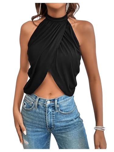 GORGLITTER Women's Rhinestone Open Back Halter Tops Sleeveless Wrap Crop Top Club Going Out Tops4
