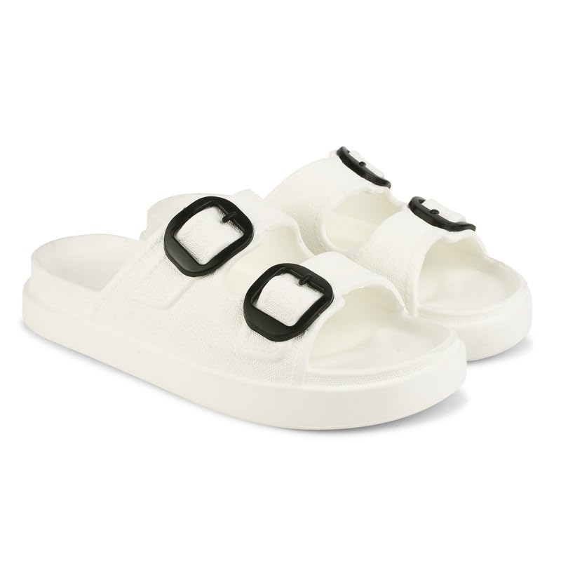 Women's Double Buckle Slide Sandals – Soft EVA Slip-On Slippers with Arch Support and Anti-Skid Sole for Indoor & Outdoor Use