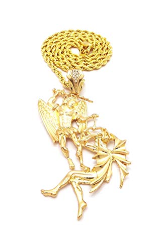 Fashion 21 Polished Saint Michael The Archangel Pendant 24" Cuban, Rope Chain Necklace in Gold Tone3