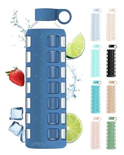 purifyou 40oz / 32oz / 22oz / 12oz Borosilicate Glass Water Bottle with Time & Volume Markers, Silicone Sleeve, Stainless Steel Lid – Reusable Glass Bottle for Water & Juice (32oz Chinese Porcelain)