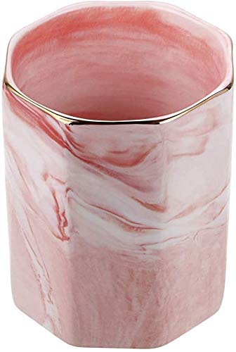 YDGHD 1PCS Ceramic Pen Pencil Holder, Marble Pattern Pen Cup Makeup Organizer Storage Cosmetic Brush Holder for Home Office Desk Organization (Pink)