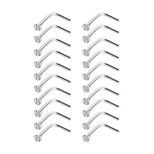 20 Pieces Curved Nose Stud Stainless Steel Nose Ring Crystals L Bend Nose Screw Piercing Jewelry, 20 Gauge