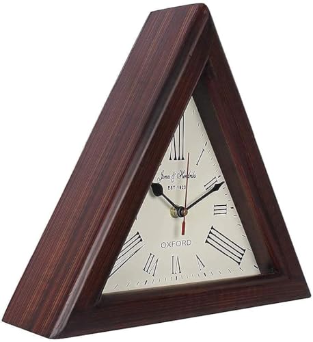 Image of PiH Handmade Wooden Triangle Designer Digital Wall Clock Antique Look Style with Deep Glass Roman Number for Home, Hall, Office, Farmhouse Decoration (12 Inch, White Brown)