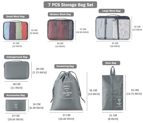 Image of 7pcs pouche Set Travel Organizer Packing Cubes Lightweight Travel Luggage Organizers with Laundry Bag or Toiletry Bag Laundry Organiser (7 PCS) (GREY)