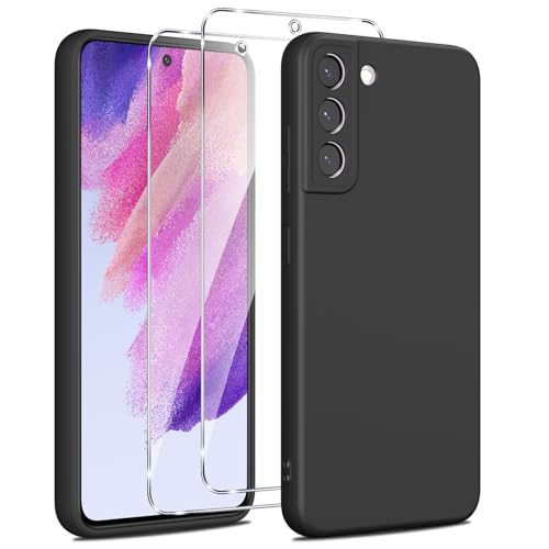 Olgary Silikon Hülle für Samsung Galaxy S21 FE 5G Hülle 1 Handyhülle mit 2 Stück Panzer Schutz Glas Weiche TPU Slim Case Militärischer Schutz Kratzfest Stoßfest Schutzhülle Cover Schwarz