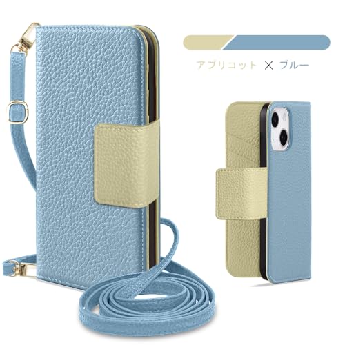 Kahper For iPhone 15 ケース 手帳型 ショルダー バイカラー スマホケース iphone 15 おしゃれ かわいい 女性 レトロ いPhone 15 ケース カード収納 シンプル 上品 iPhone 15 カバー マグネット式 スタンド機能 肌感レザー 携帯ケース iPhone 15 ストラップ 人気 エレガント レディース 手作(ブルー メ アプリコット)