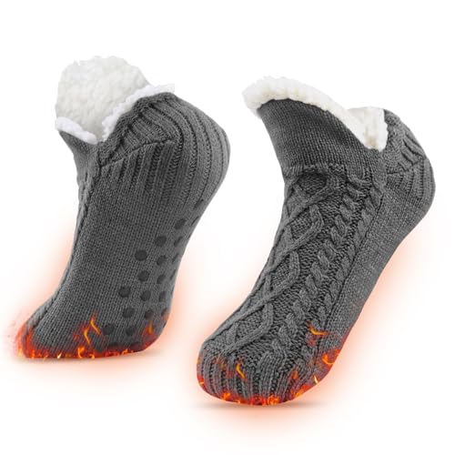 SIHOHAN Slipper Socks Mens with Grippers Thermal Fluffy Cozy Bed Socks for Men Non Slip Winter Warm Fleece Lined Knitted Sock (Grey)