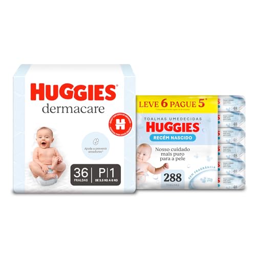 Huggies Fralda Premium Dermacare P 36 unidades + Pacote Lenço Umedecido Recém Nascido com 288 unidades