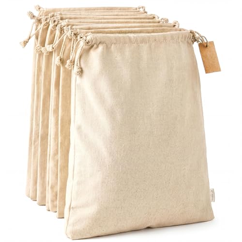 LEAFICO Cotton Storage Bags with Drawstrings X-Large 14x17 Multipurpose 6 Pcs - Canvas Fabric Bread Bags - Bulk Food Produce - Reusable Muslin - Natural Potato Onion Storage Bags - Cloth Shoe Bags