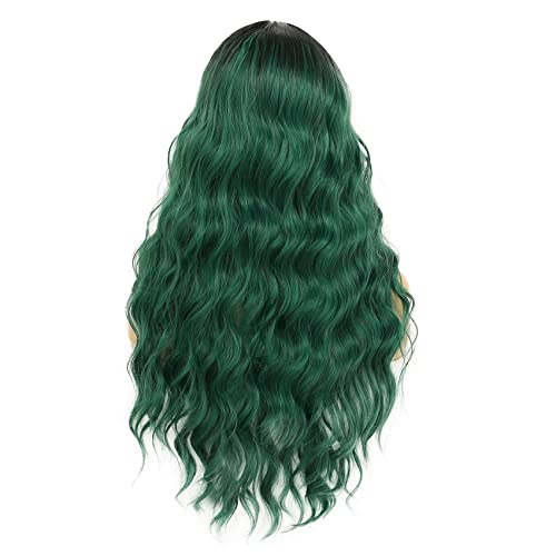 Image of Swiking Green Ombre Long Curly Women Wigs Midele Part Synthetic Natural Wave Hair Black and Green Halloween Cosplay Costume Wigs