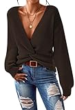 Pink Queen Women's Trendy Knit Wrap Sweater for Women Birthday Sexy Deep V Neck Jumper Crop Top Long Sleeve Chunky Fall Knit Pullover Sweaters Chocolate M