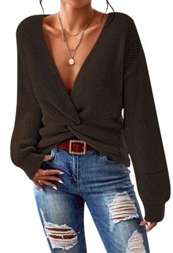 Pink Queen Fashion Long Sleeve Crop Wrap Sweater V Neck Drop Shoulder Loose Fit Twist Knot Ruched Pullover Fall Slouchy Jumper Tops Chocolate L