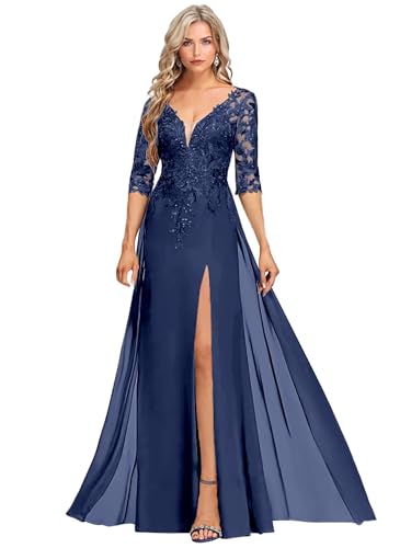 Sequins Applique Chiffon Mother of The Bride Dresses for Wedding V Neck Mother of The Groom Dresses for Women with Split