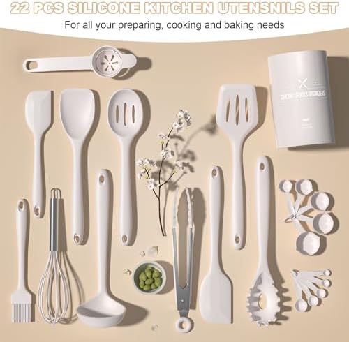Kitchen Utensils Set, Umite Chef 22Pcs Silicone Cooking Utensils Set, Heat Resistant Silicone Kitchen Spatulas Set with Holder, White Cooking Gadgets Tools Set for Nonstick Cookware, Dishwasher Safe 4