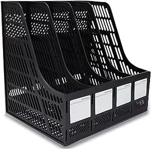 GOOLSKY Magazine Holder Desk File Organizer 4 Compartments Vertical File Dividers Book Holder Frames Document Cabinet Rack Storage Organizer Box for Home Office School Black