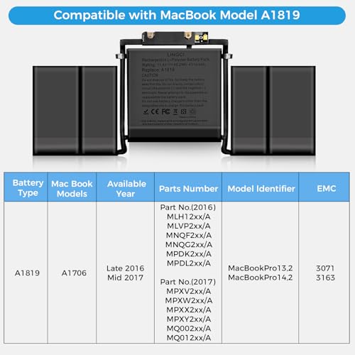 Image of A1706 Battery, A1819 Battery Replacement for MacBook Pro 13 inch A1706 Late 2016 Mid 2017 Touch Bar Version EMC 3071 3163 (Upgraded High Performance 4314mAh 11.41V 49.2Wh Li-Polymer)