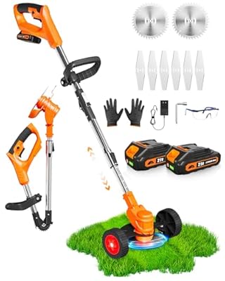 21V Cordless Weed Wacker, Electric Weed Eater Battery Powered, Lightweight Weed Trimmer with 2 Batteries, 3 in 1 Grass Trimmer/Brush Cutter/Edger Lawn Mower with 2 Types Blade & Wheels for Garden Yard