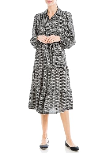 Max Studio Women's Long Sleeve Tiered Midi Shirt Dress, Cream/Black Petal  Rows, X-Small at Amazon Women's Clothing store