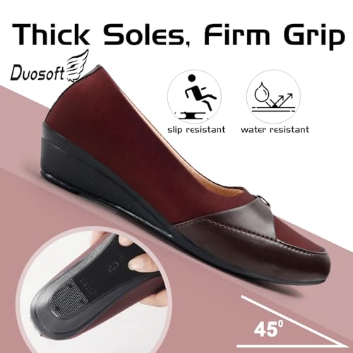 Image of Duosoft Women's Comfort Slip-On Loafers, Black Leather, Low Wedge Heel Bellies Dw-204-Brown