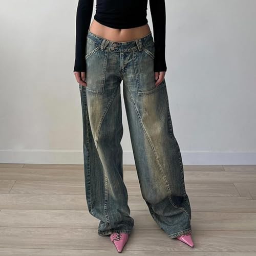 Women Vintage Denim Washed Jeans Low-Rise Pockets Baggy Full Length Pull-On Trousers4