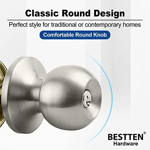 BESTTEN Keyed Entry Door Knob with Lock, Heavy Duty Interior and Exterior Door Lock, Standard Ball, Satin Nickel — view 6