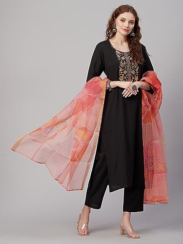 Image of GoSriKi Women's Cotton Blend Straight Embroidered Kurta with Pant & Dupatta