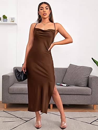 Crisscross Back High Split Dress (Color : Chocolate Brown, Size : X-Small)
