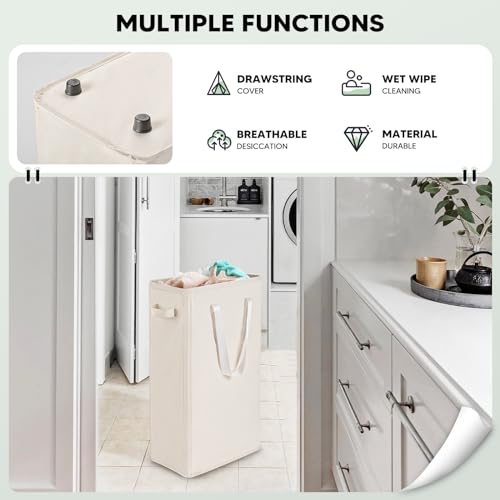 Virklyee Slim Wäschekorb Kleiner Wäschekorb Faltbarer Wäschekorb,Und Griff, mit Griffen für Waschküche, Schlafzimmer, Badezimmer,39x19x61CM,45L (Beige)