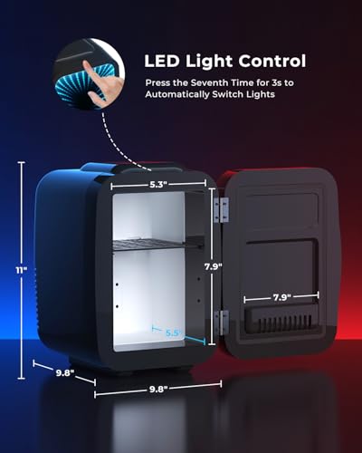 BEICHEN Mini Kühlschrank, 4L / 6 Dosen Leise Minikühlschrank, 7 RGB Lichtmodi, 2in1 Kühl- und Warmhaltefunktion für Getränke & Skincare, AC 220V / DC 12V, Mini Fridge für Gaming, Büro, Auto (Schwarz)