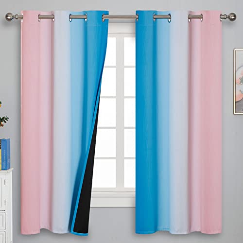Estelar Textiler Pink and Blue Curtains 63 Inch Length 2 Panels, Ombre Total Blackout Curtains for Bedroom, Grommet Thermal Insulated Gradient Blackout Drapes for Kids Room, 42x63 Inch