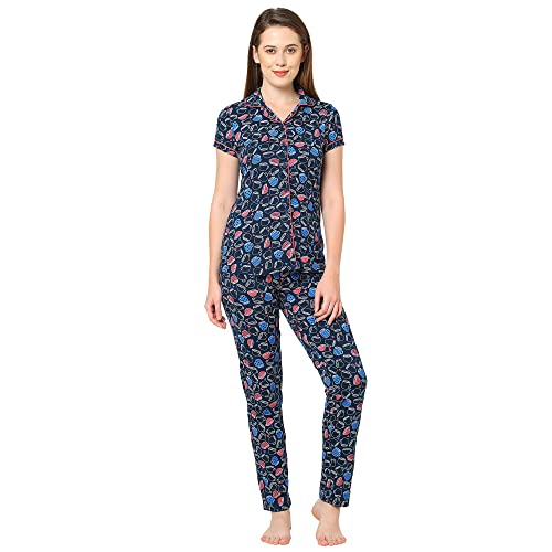 Image of Sweet Dreams Women Half Sleeve Cotton Printed Front Open Navy Night Suit Set