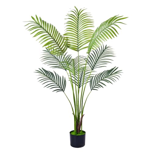 Artificial Palm Tree Plant, Green Leaves in Pot, 4 FT Tall,Faux Tropical Palm Tree for Home Office Indoor Outdoor Modern Decoration